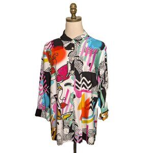 Ali Miles Woven Button Front Tunic Size PXL Abstract Multicolor Rhinestones